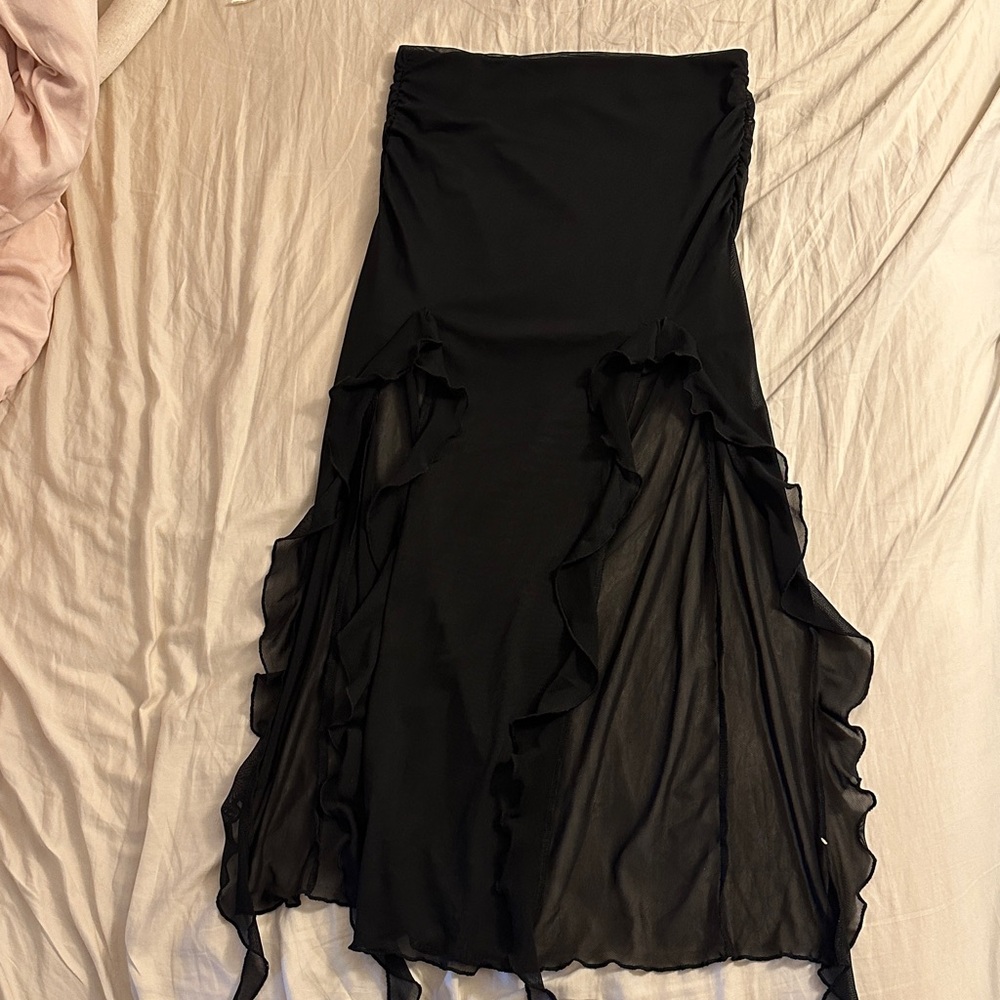 Garage Elegant Black Maxi Skirt with Sheer Ruffles
